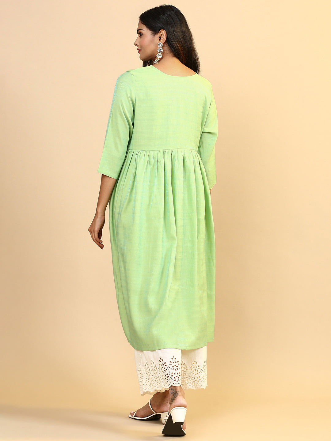 Women Cotton Embroidered Round Neck Kurti Parrot Green EKS12