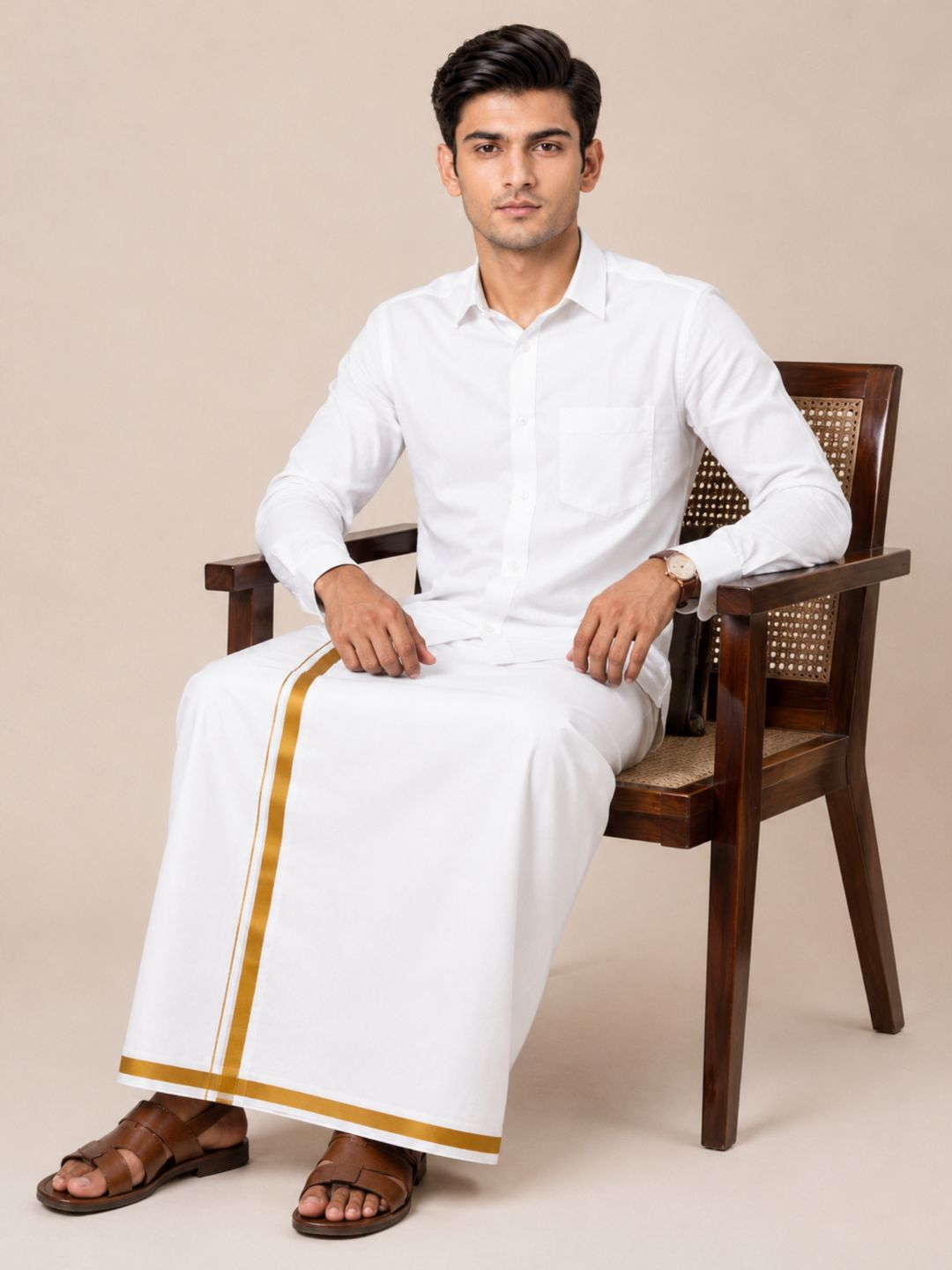 Men 100% Cotton Double Layer White Dhoti with Big Border Wisdom WB04