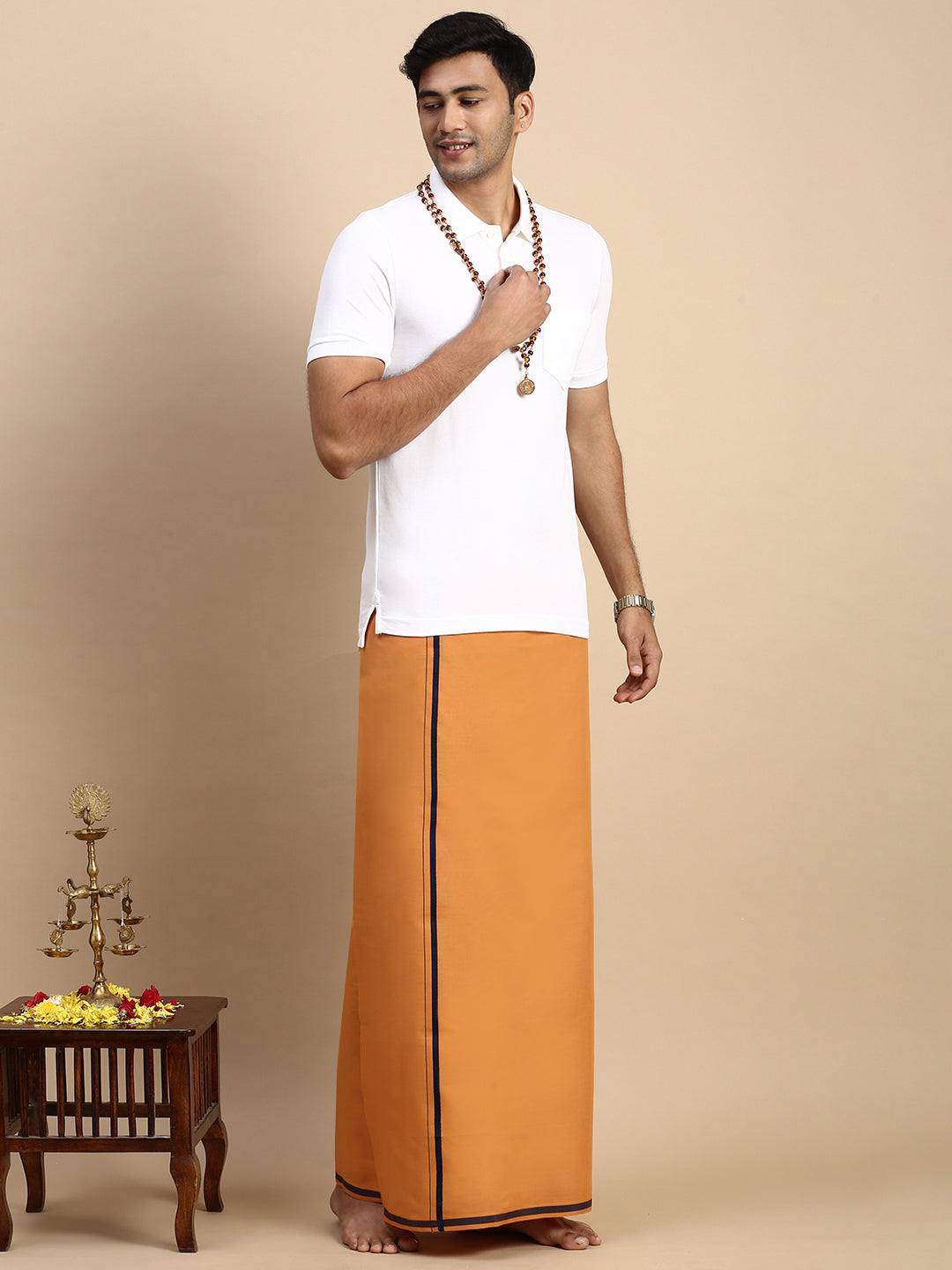 Men Devotional Big Border Dhoti & TShirt Set Kaavi EP1