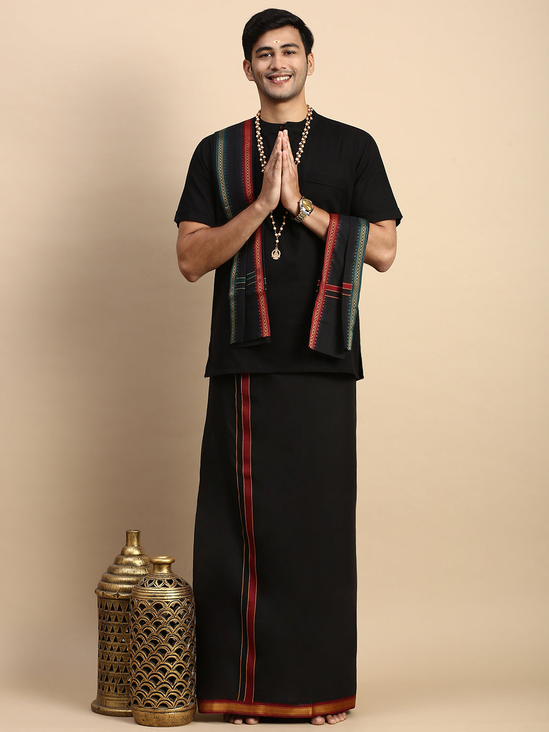 Men Devotional Mayilkhan Border Dhoti with Towel & Kurta Set Black PB17