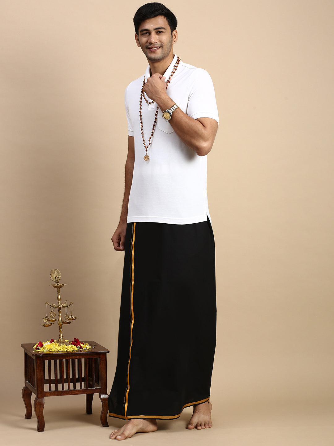 Men Devotional Big Border Dhoti & TShirt Set Black EP1