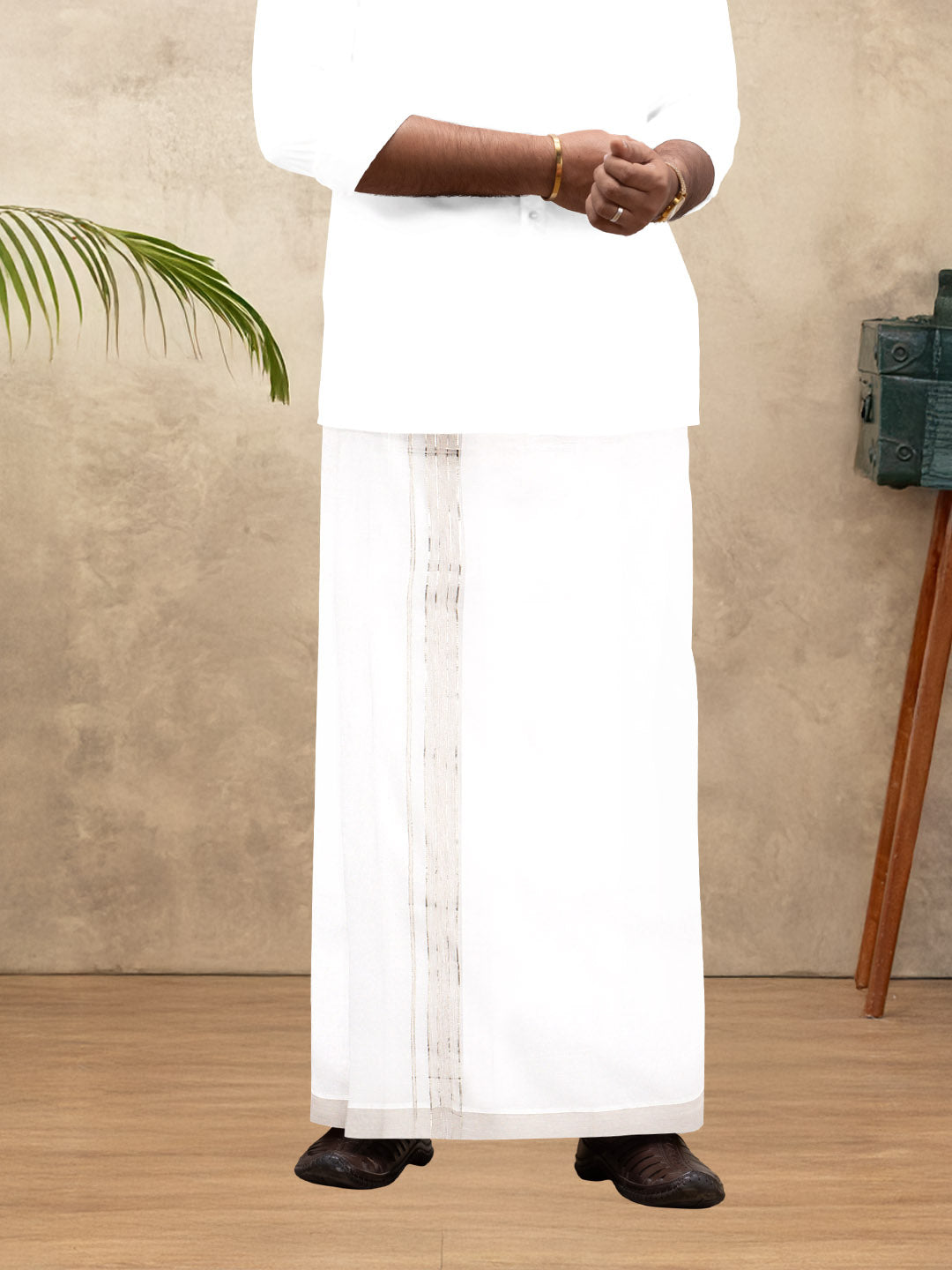 Men 100% Cotton Double Layer White Dhoti with Fancy Jari Border EJF19