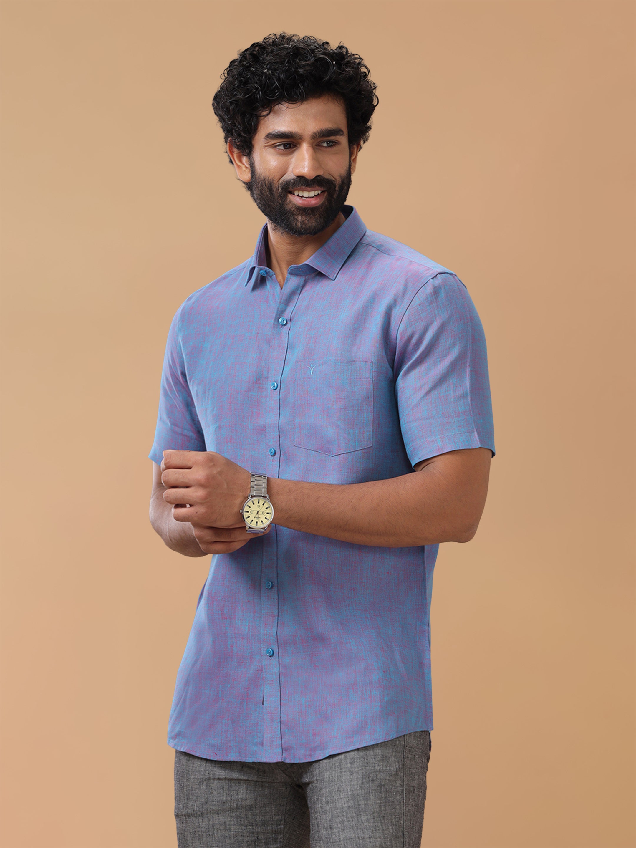 Pure Linen Teal Red Smart Fit Shirt L81
