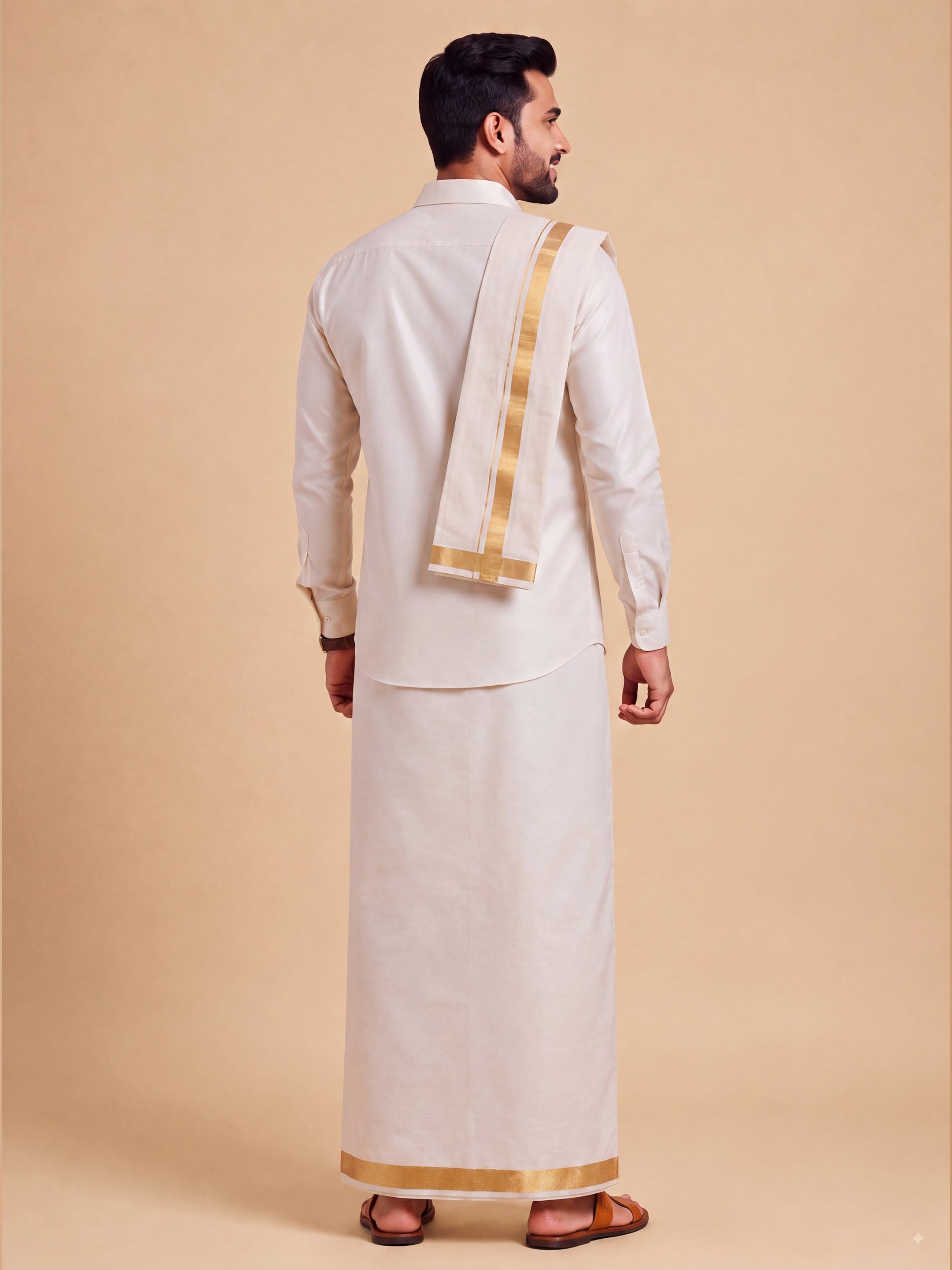 Tissue Antique Gold Shirt Dhoti & Towel (3-in-1)Set