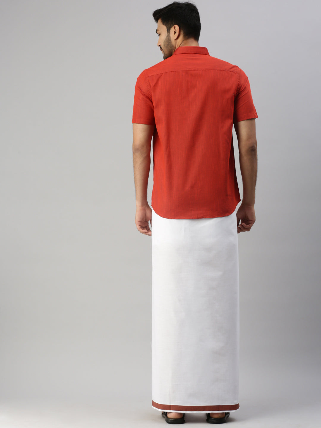 Mens Red Matching Border Dhoti & Half Sleeves Shirt Set Evolution IC5-Back view