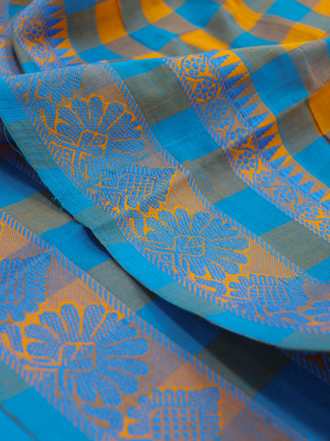 Women Blue with Orange Checks Pure Chettinad Cotton Saree PCS217