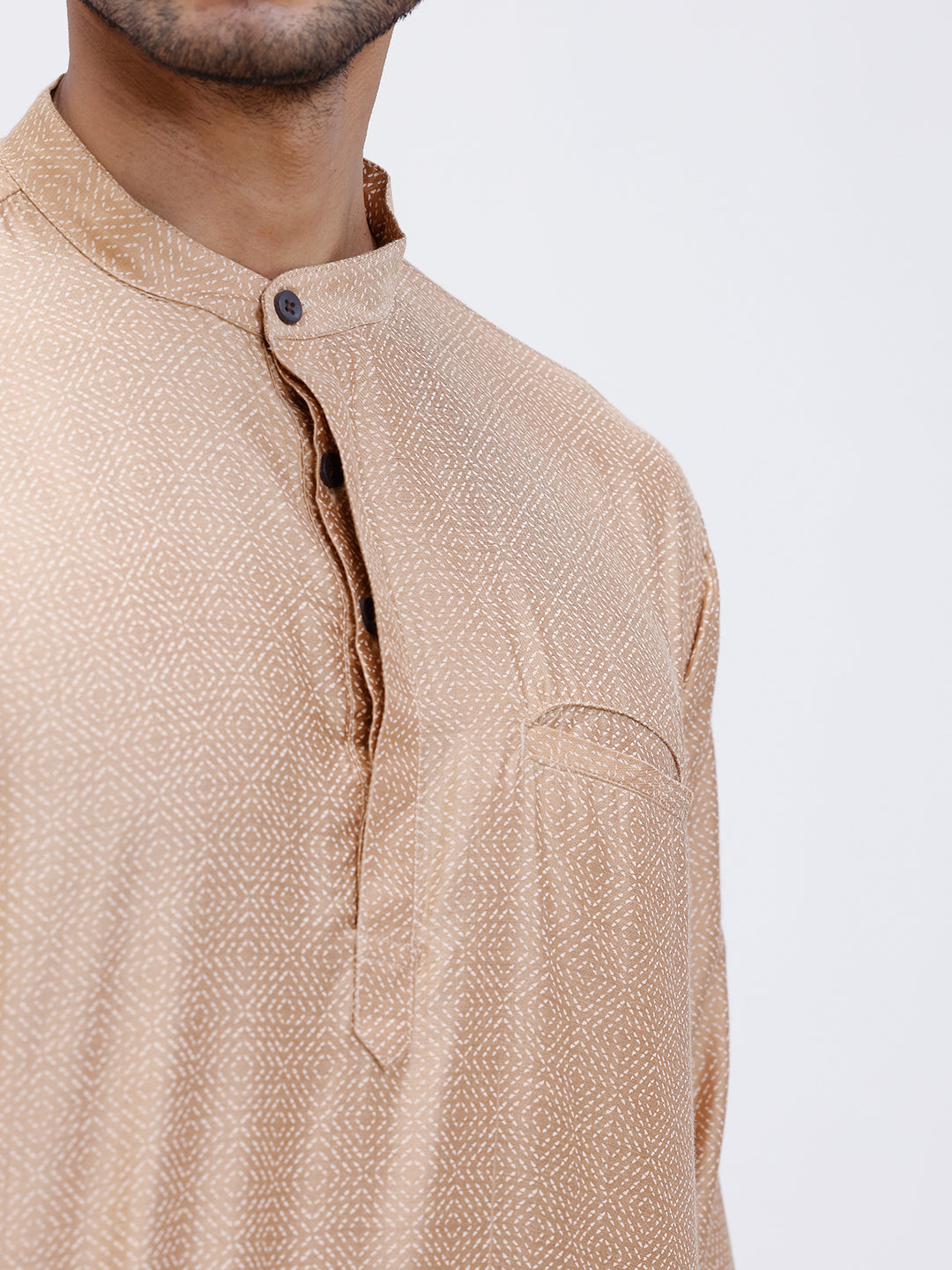 Men Cotton Short Length Printed Pocket Kurta Khaki Beige RL18