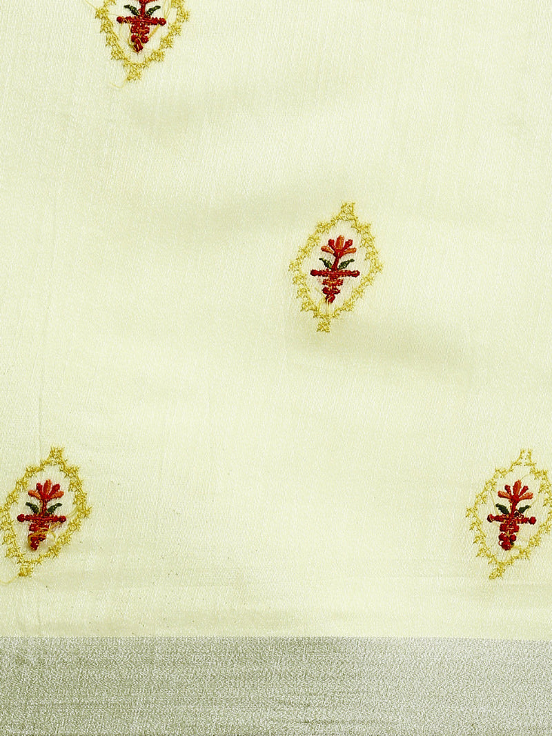 Womens Semi Linen Yellow Printed Embroidery Saree SLPE03