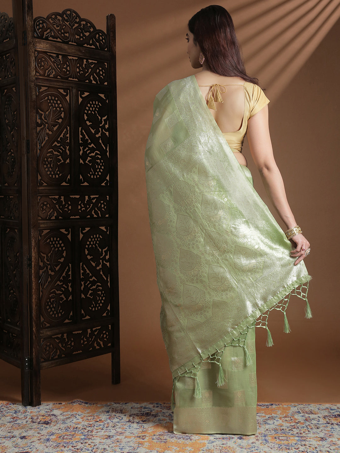 Women Green Cotton Weaving Saree PCS261
