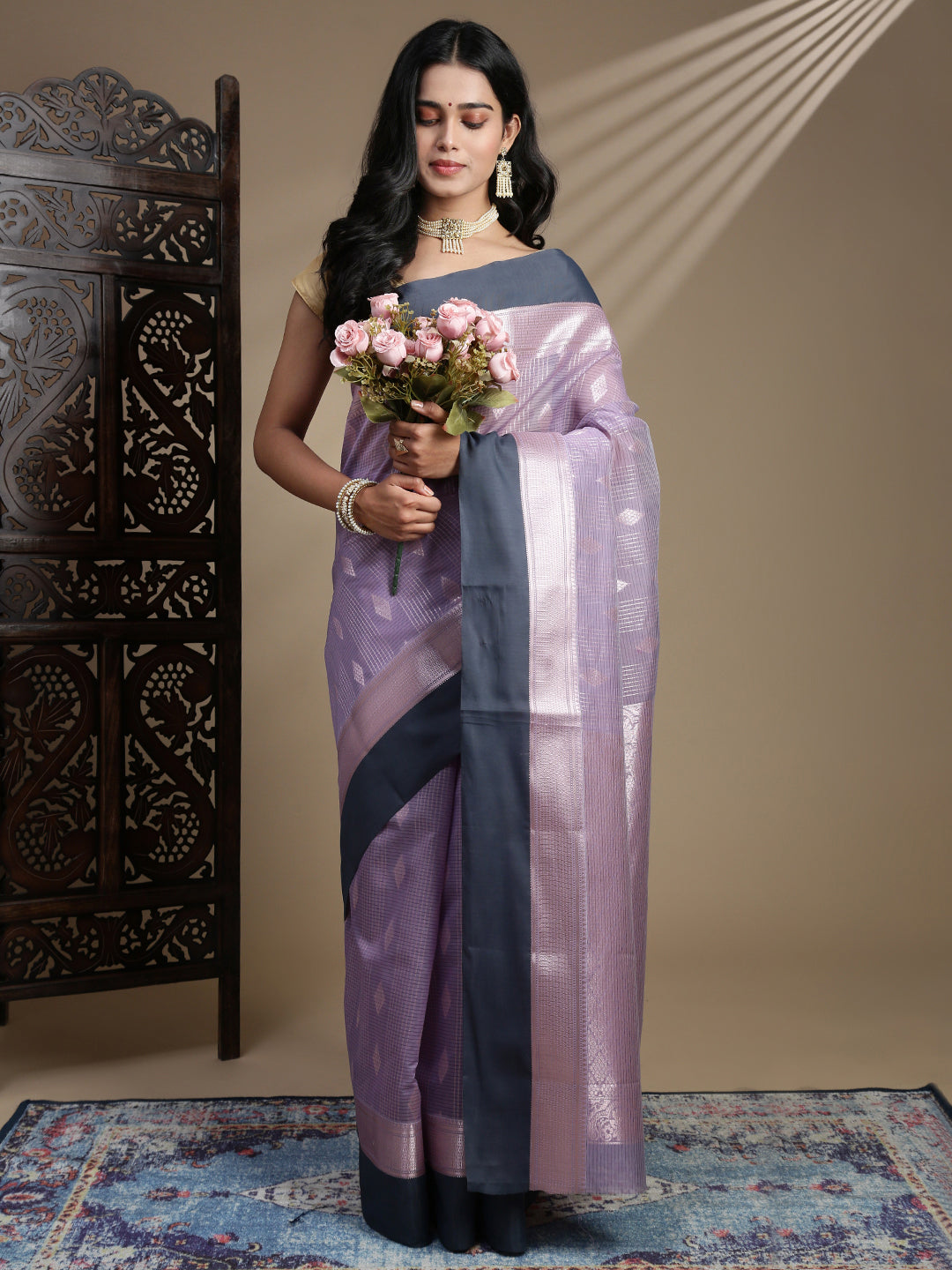 Women Lavender Semi Kora Cotton Saree SK124