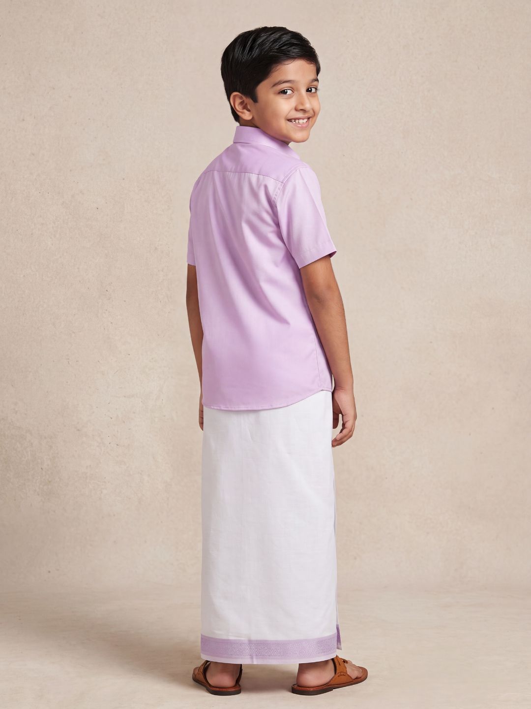 Boys 100% Cotton Lavender Shirt and Fancy Border Dhoti Set BT2