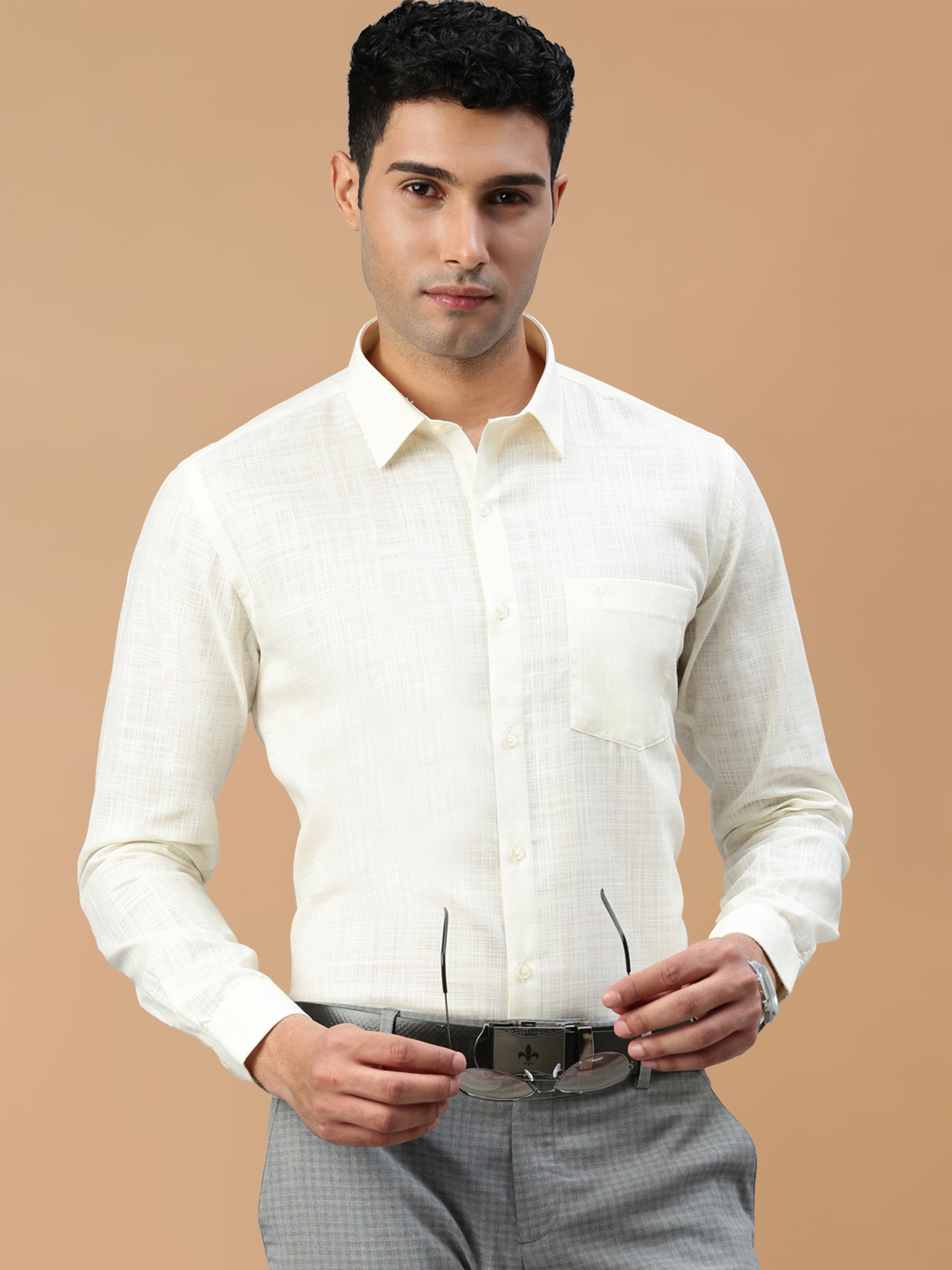 Cotton  Rich Self Design Cream Regular Fit Shirt Celebrity