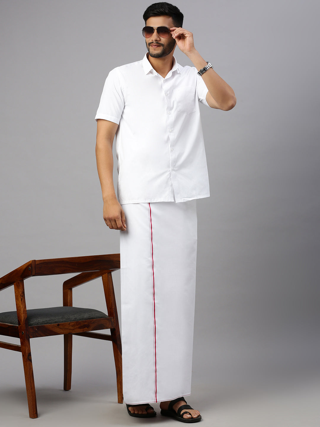 Mens Cotton White Half Sleeves Shirt with Small Border Dhoti Combo