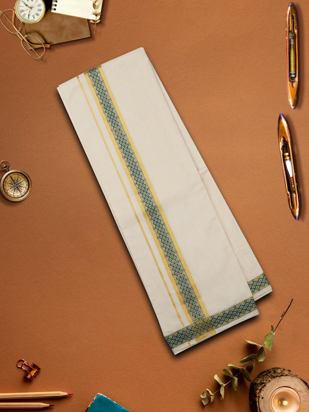 Mens Premium Handloom Cream Dhoti with Blue Gold Fancy Jari Border 115751-View one
