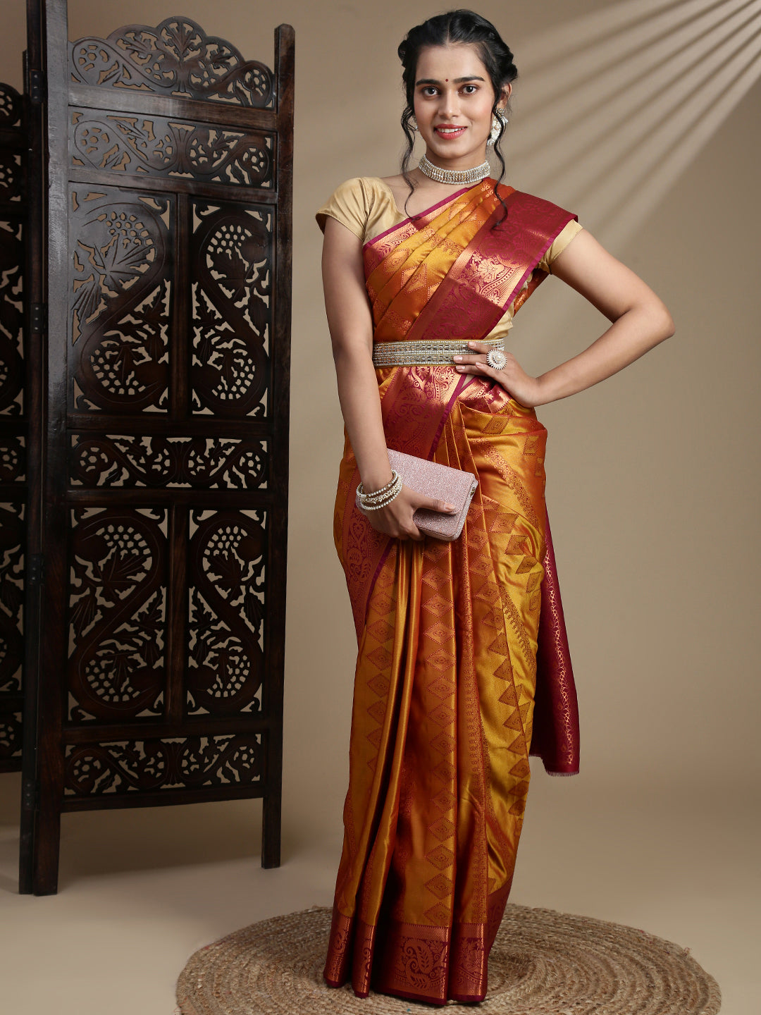 Women Golden Art Silk Saree ASS117