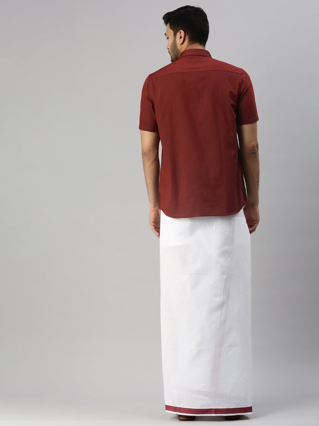 Mens Brown Matching Border Dhoti & Half Sleeves Shirt Set Evolution IC7-Back view