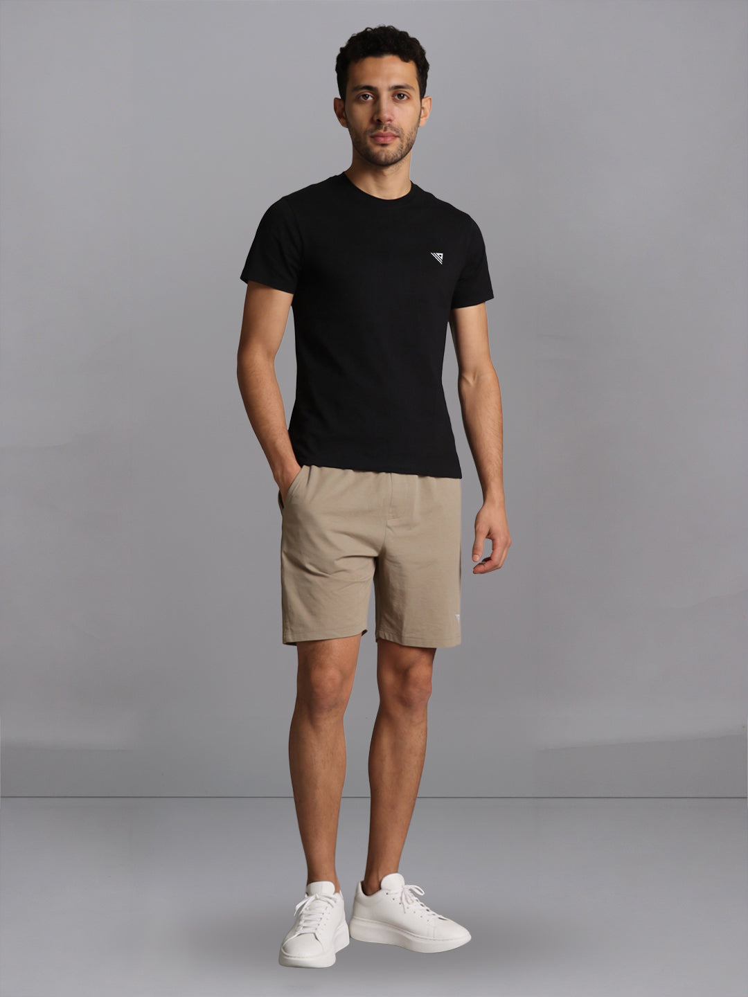 Men Black Crew neck T-Shirt with Beige Shorts Combo ES6