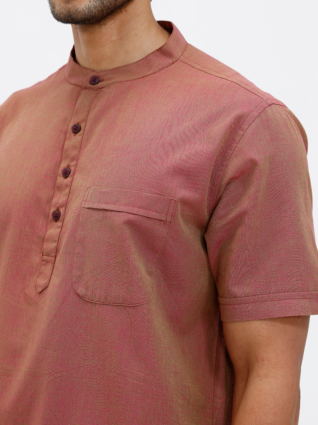 Men Cotton Short Length Plain Pocket Kurta Greenish Pink PC25