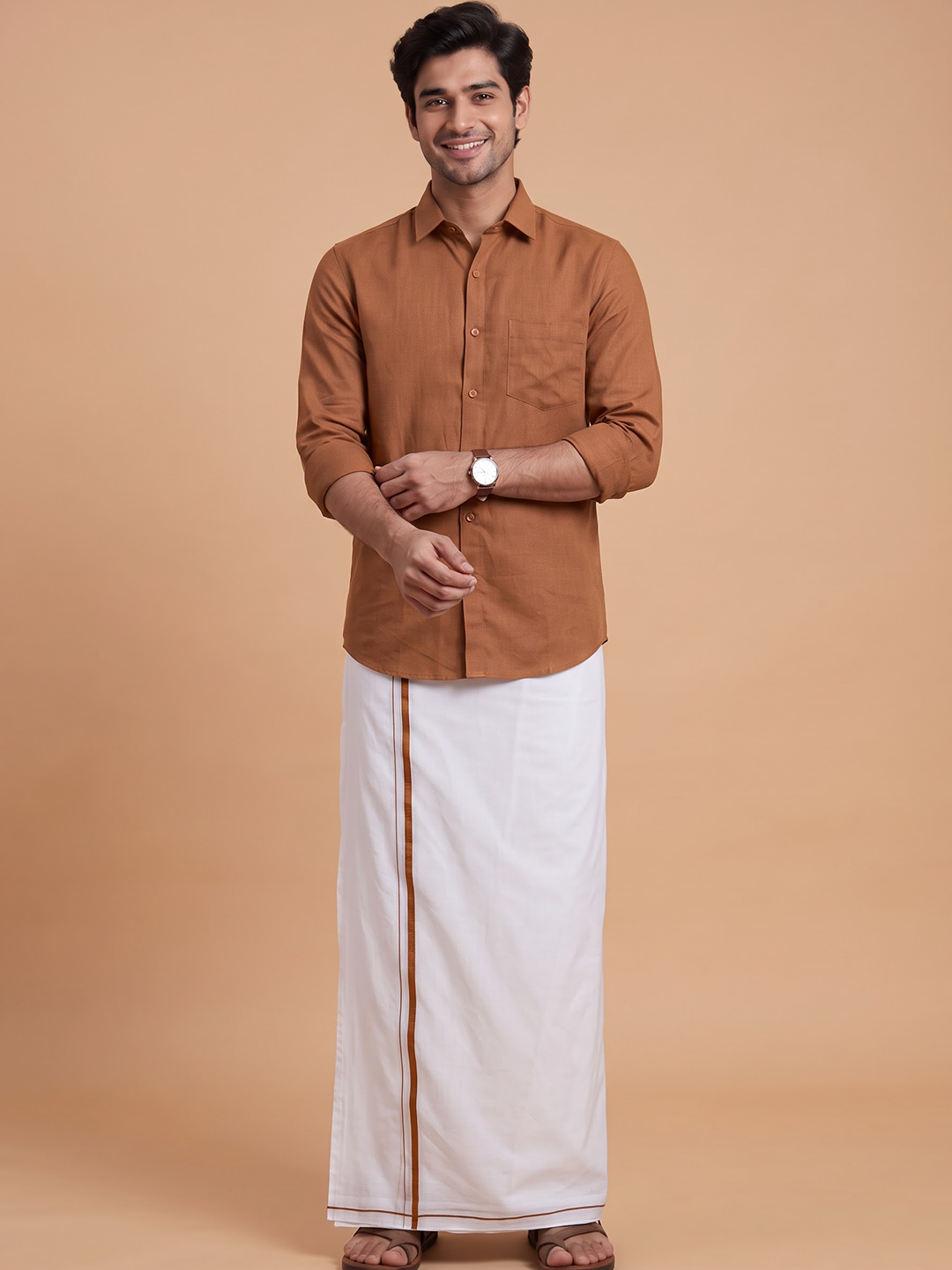 Double Layer 100% Cotton White Dhoti with Small Border - GS03