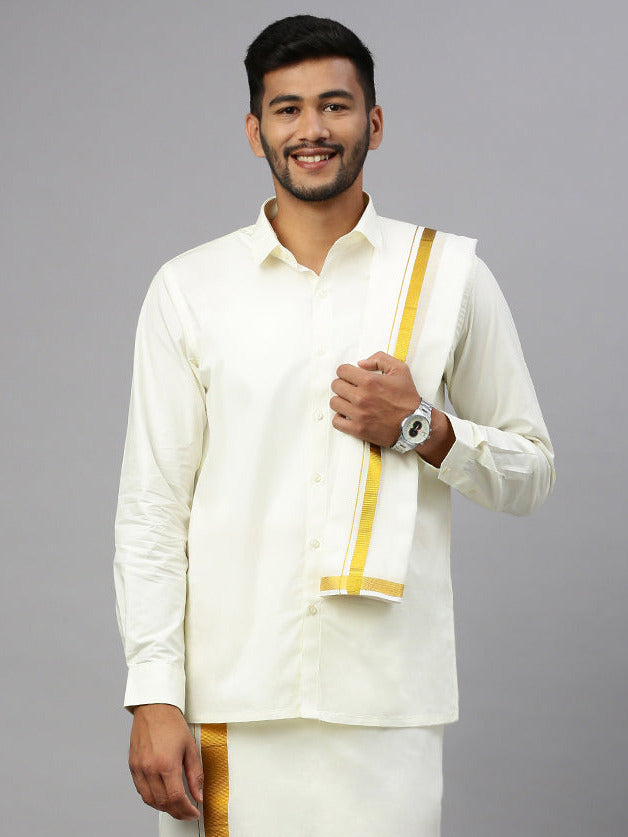 Men Cream Angavashtram Towel with 1" inch Gold Jari  Border Vetha