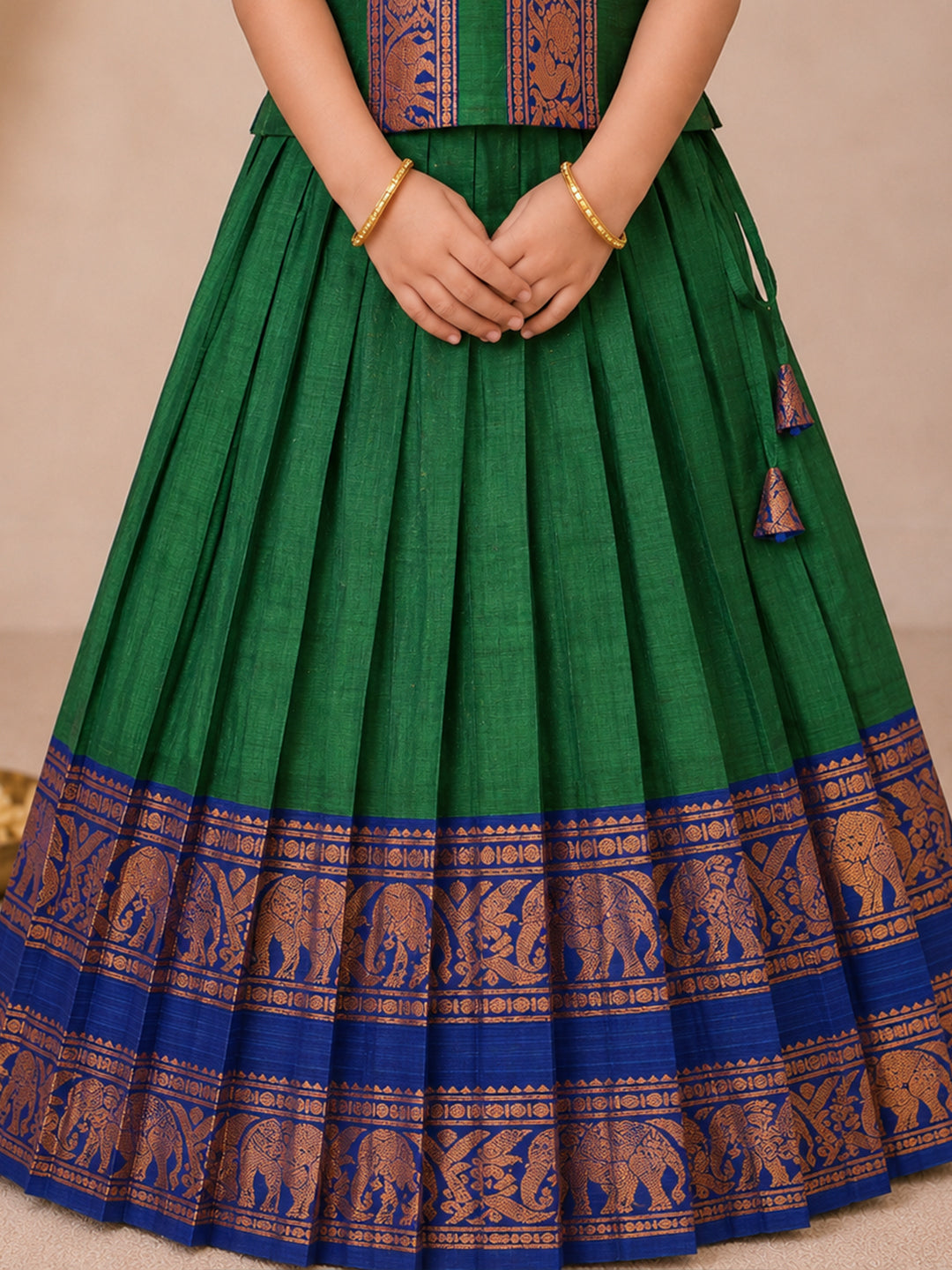 Girls Cotton Green Pattu Pavadai Set GPS45
