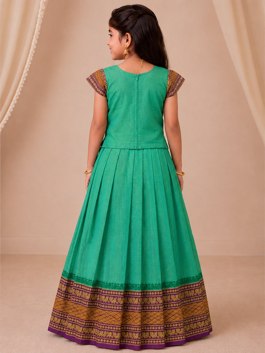 Girls Cotton Green with Violet Pattu Pavadai Set GPS49