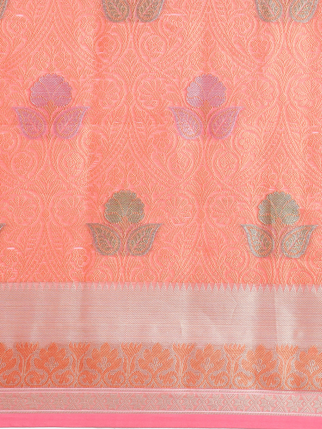Semi Kora Cotton Allover Design Saree Light Orange & Pink with Zari Border SKCW03-Pattern view