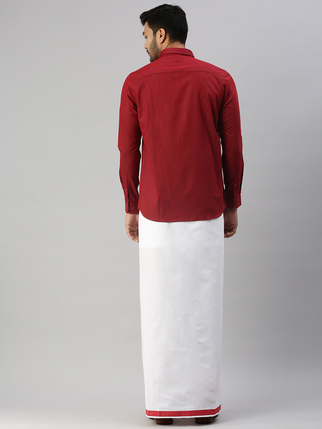 Mens Dark Red Matching Border Dhoti & Full Sleeves Shirt Set Evolution IC9-Back view