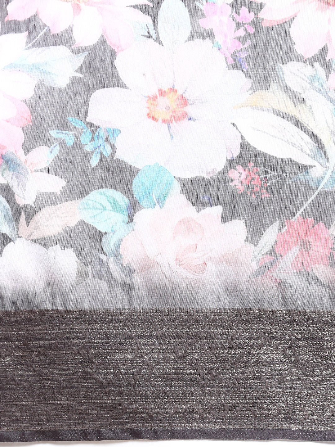 Semi Linen Floral Print Light Black & Pink Colour Semi Linen Saree SL78-Pattern view