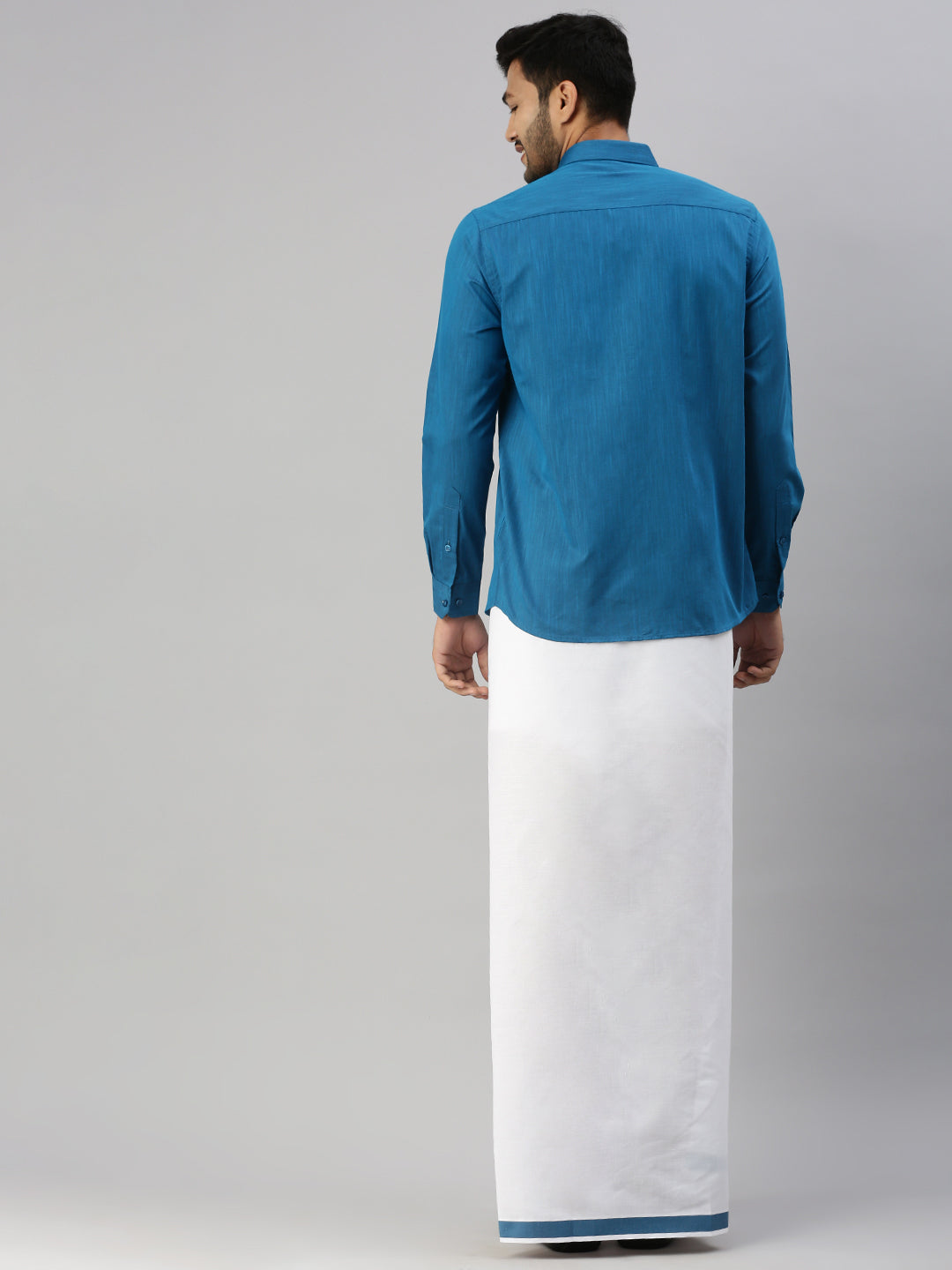 Mens Blue Matching Border Dhoti & Full Sleeves Shirt Set Evolution IC4-Back view