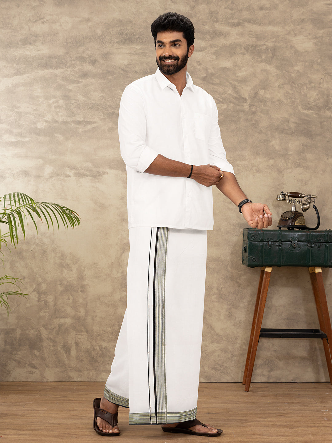 Men 100% Cotton Double Layer White Dhoti with Fancy Jari Border MJF02