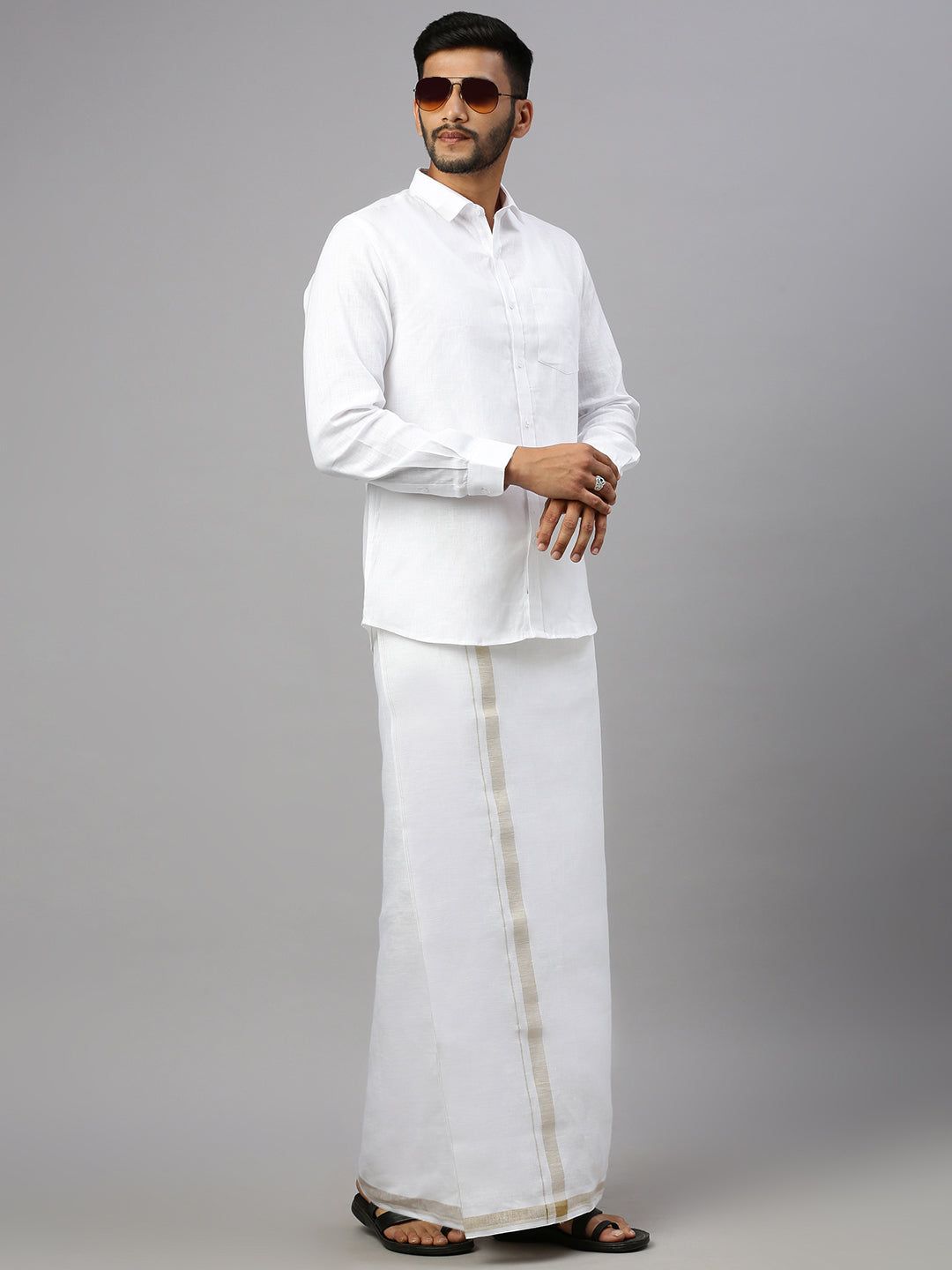 Men Pure Linen Fancy Border Double Layer Dhoti Cream