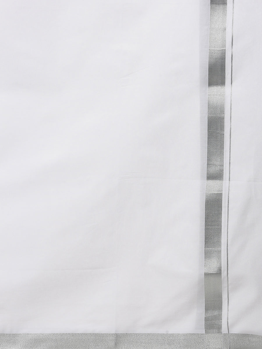 Mens White Double Dhoti with Silver Jari Border Statesman-Zoom view