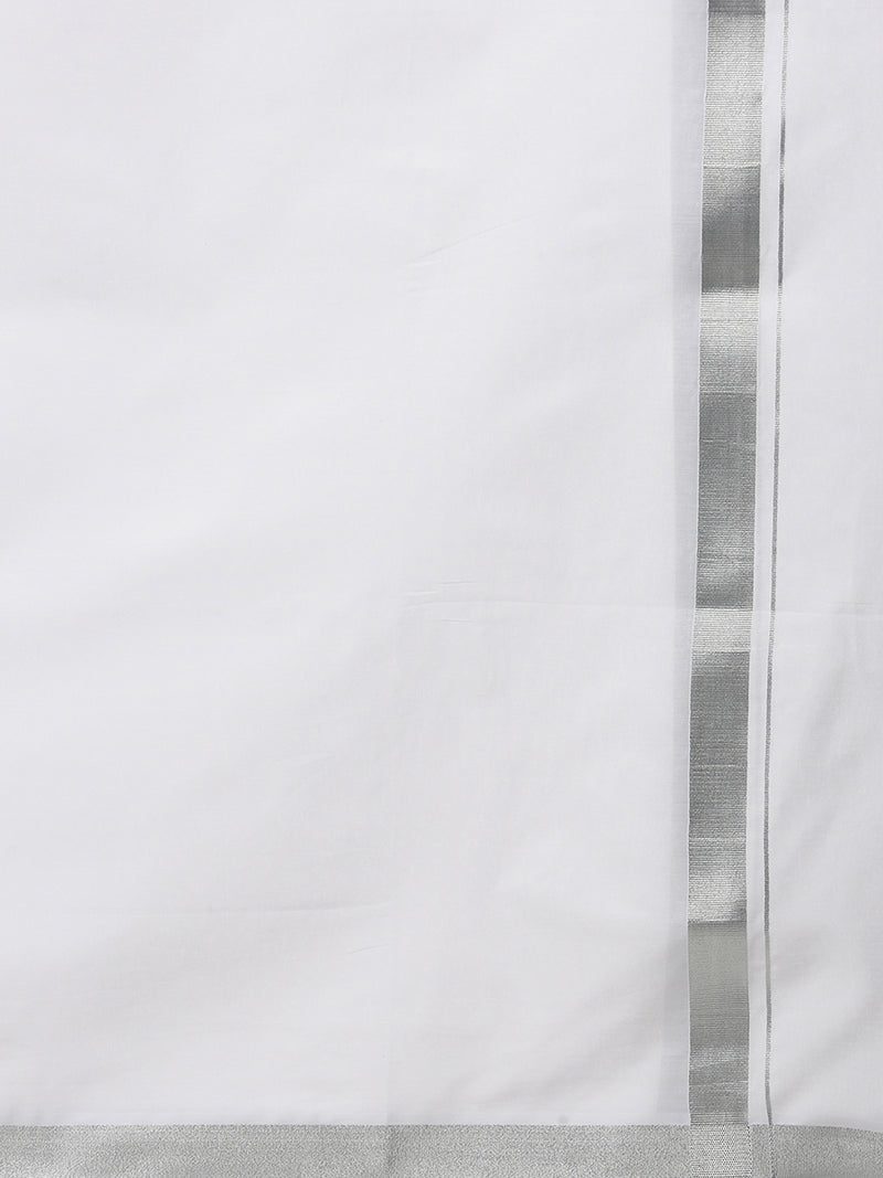 Mens White Double Dhoti with Silver Jari Border Statesman