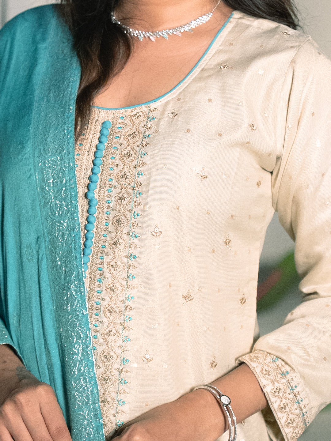 Women Cream with Blue MM Silk Embroidery Kurti Set EKS124