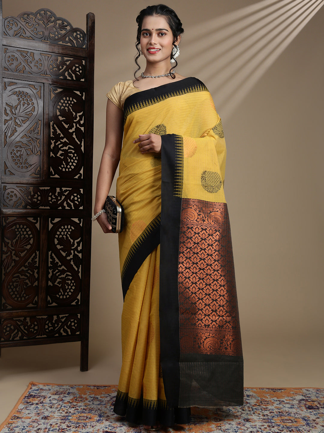 Women Kora Cotton Yellow Saree SK120