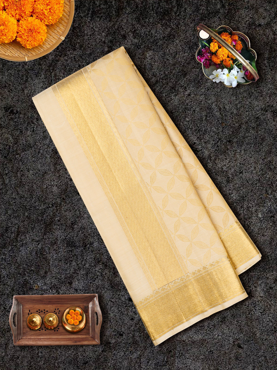 Mens Pure Silk Fawn 4" Gold Jari Border Dhoti with Towel Amirtham-View two