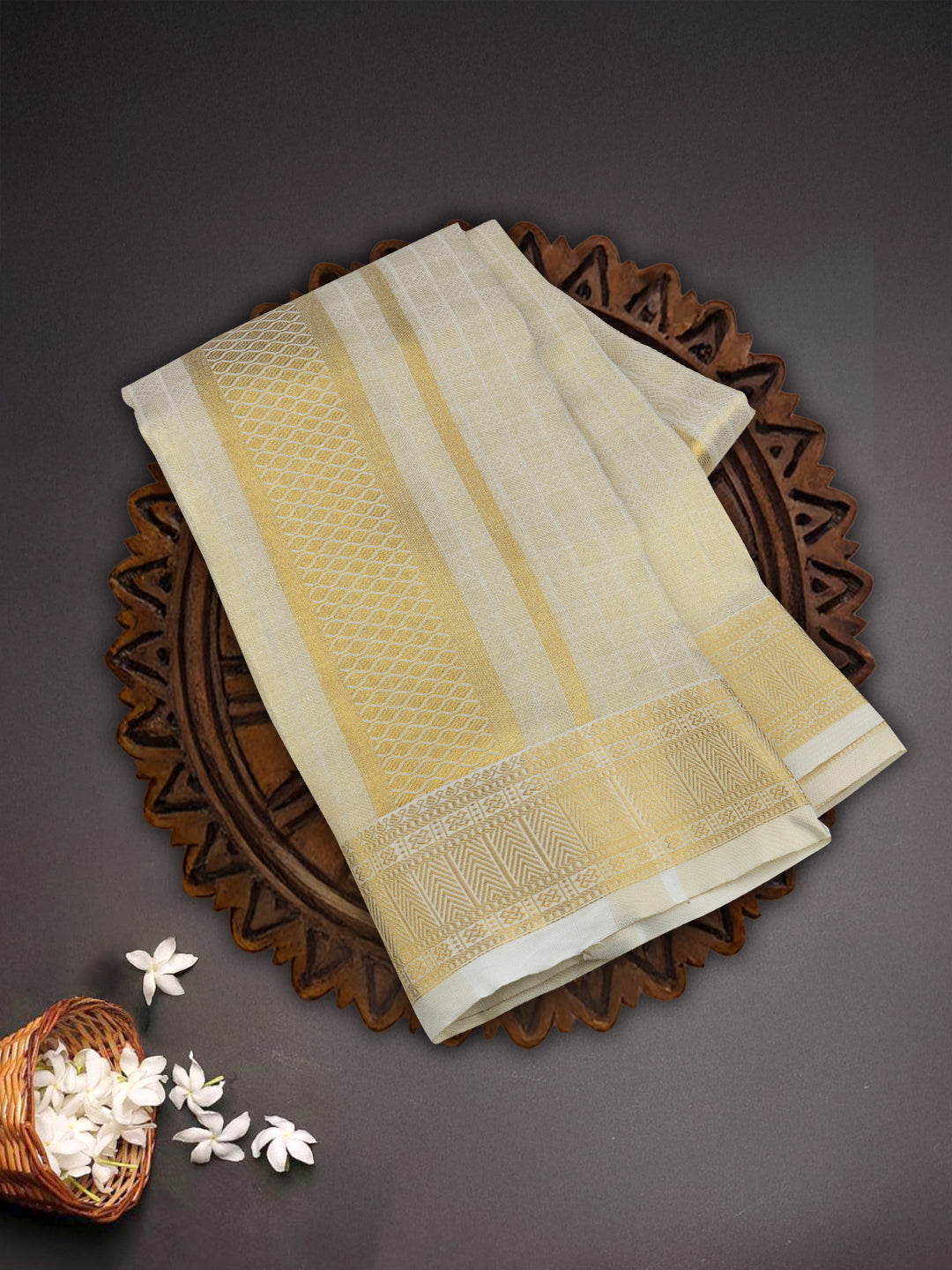 Men Tissue Dhoti & Shirting Set Cream Golden Glory GG03