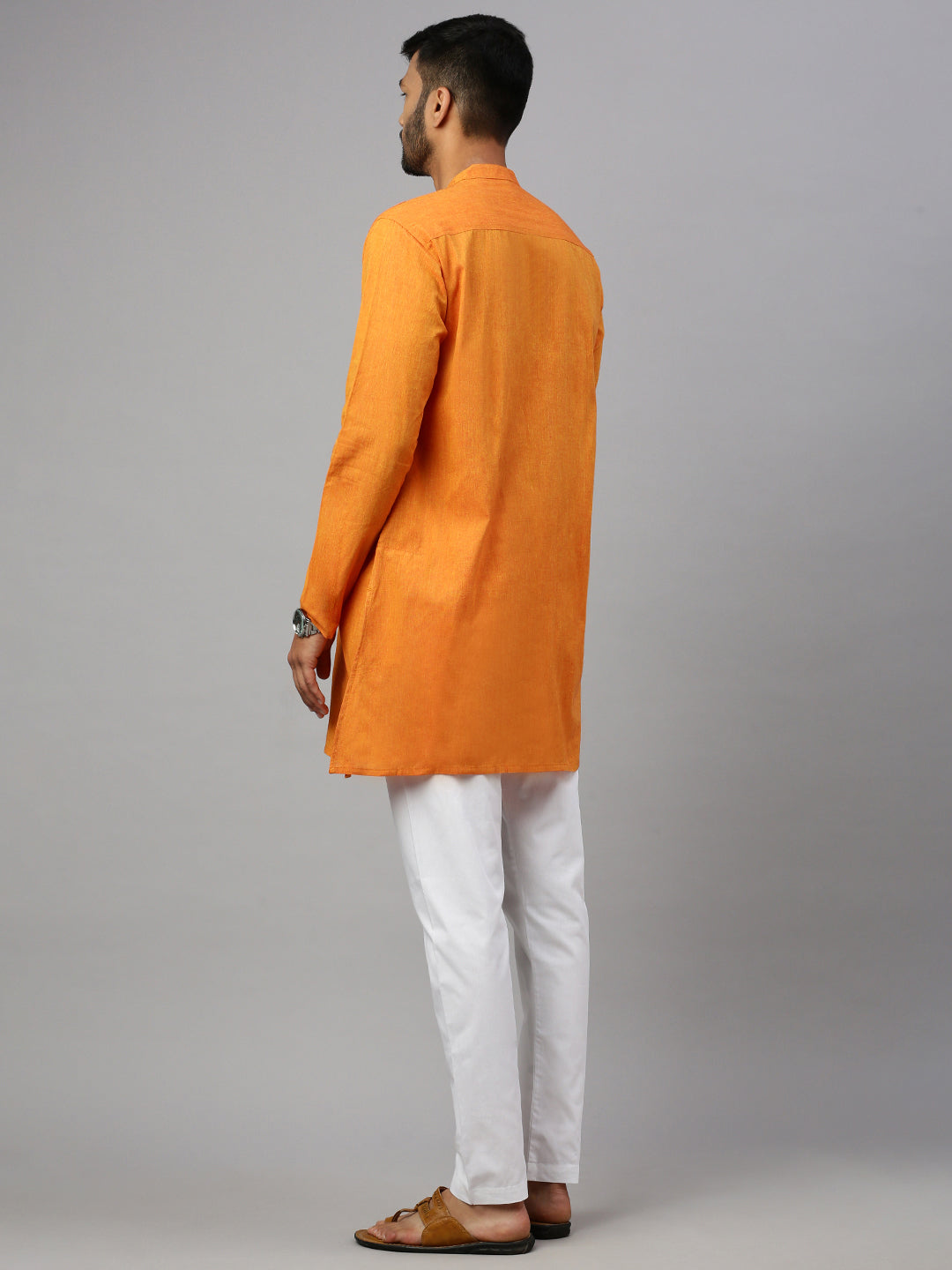 Mens Cotton Deep Suffron Medium Length Pocket Kurta M5