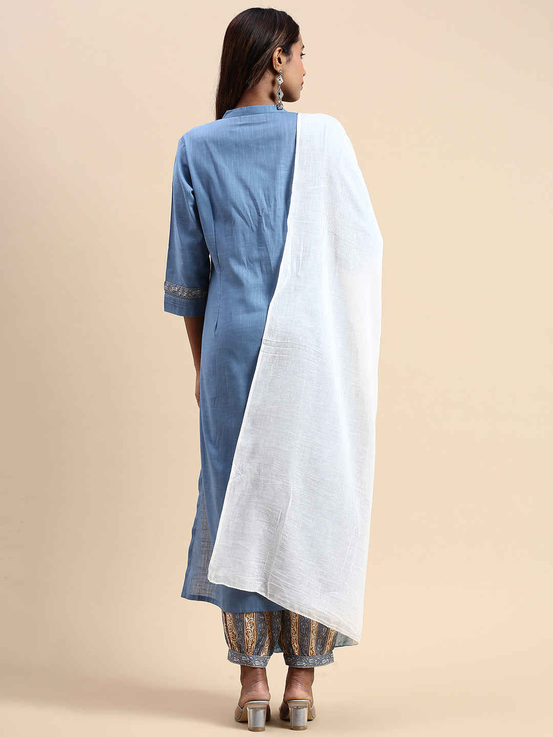 Women Cotton Blue & Brown Collar Neck Straight Cut Printed Kurti Set PKS10-Back view