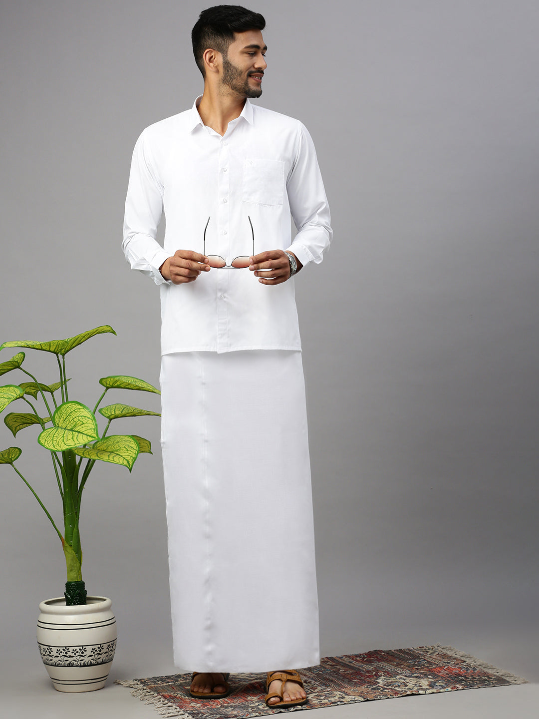 Men Formal White Shirt with Paramas Dhoti Combo