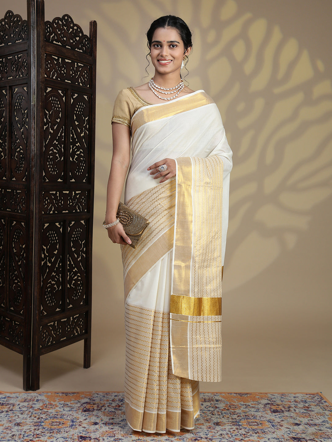 Women Traditional Kerala Cream Plain with Stripes Saree KS225