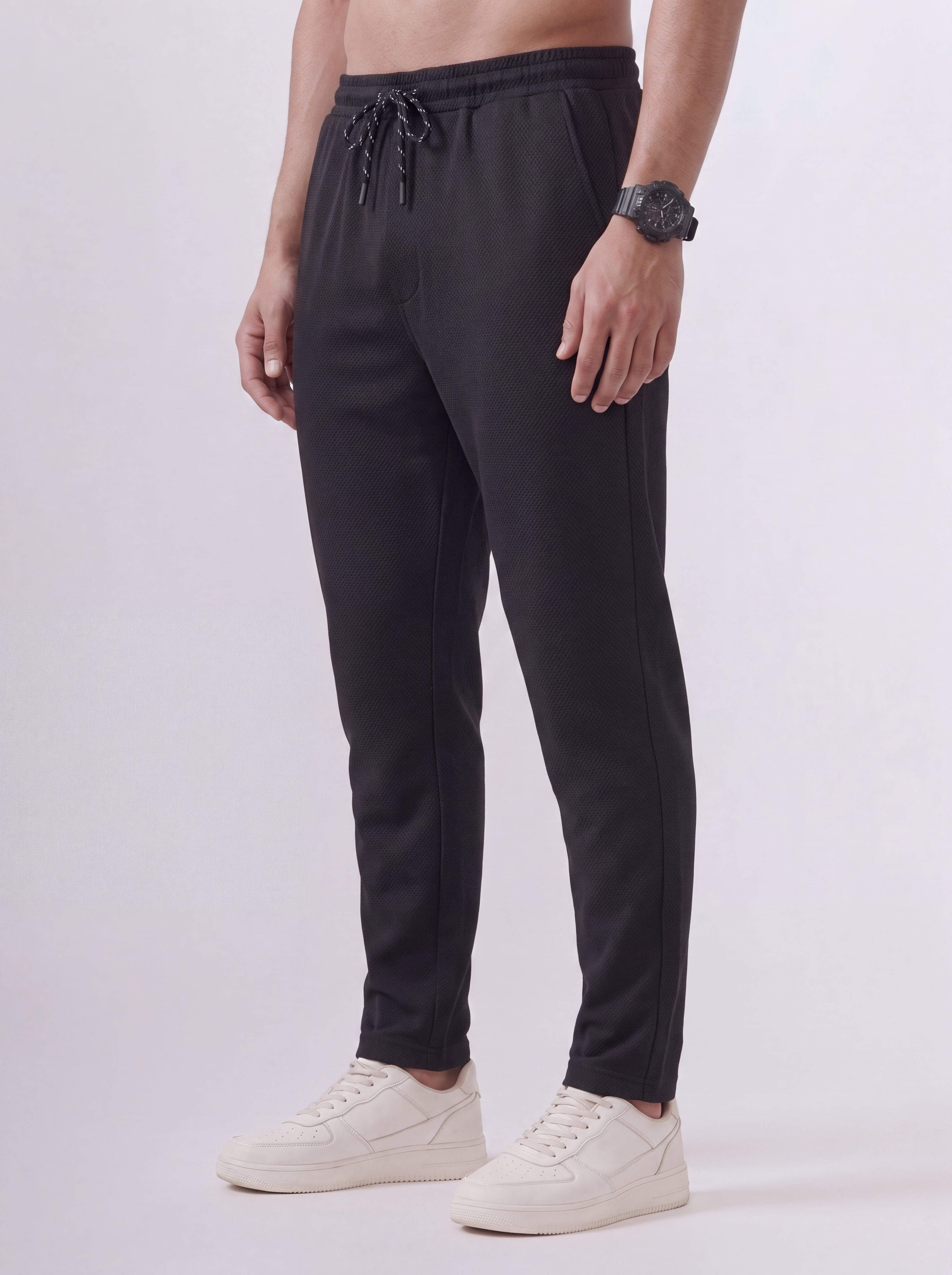 Cotton Rich Regular Fit Black Popcorn Track Pant PTK5