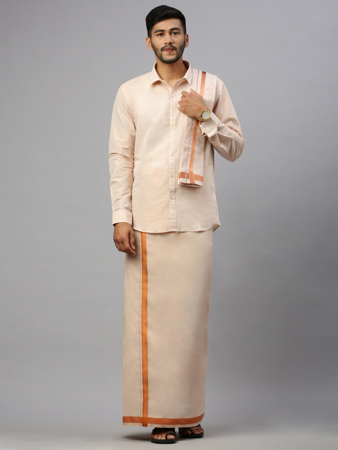 Men Tissue Copper Full Sleeve Shirt Jari Dhoti & Towel Set