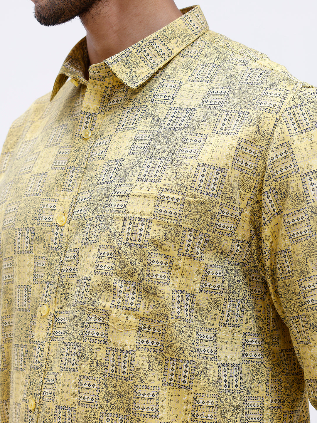 Men Golden Yellow Matching Border Dhoti With Printed Shirt Set Fusion PS14