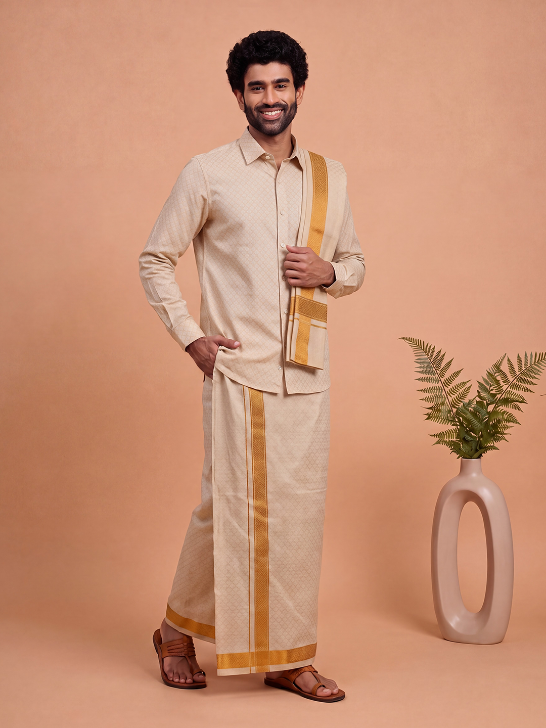 Tissue Gold Jacquard Shirt, Dhoti & Towel Set (3x1) | GD13