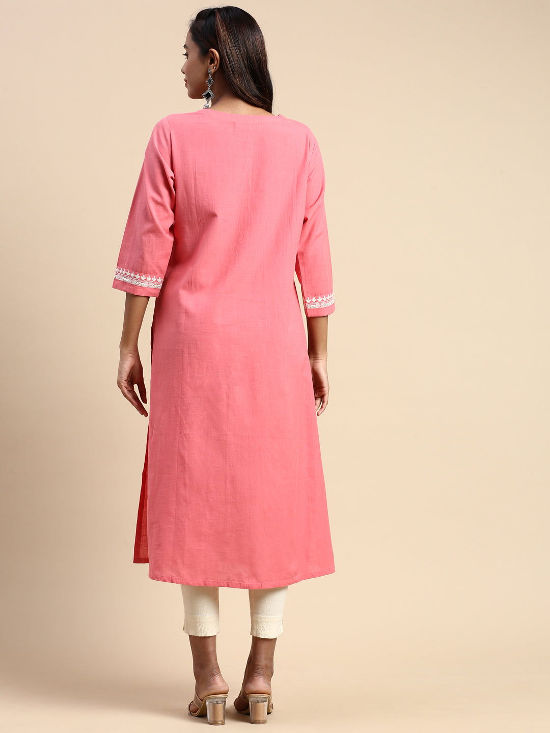Women Cotton Embroidered Round Neck Straight Cut Pink Kurti EK27-Back view