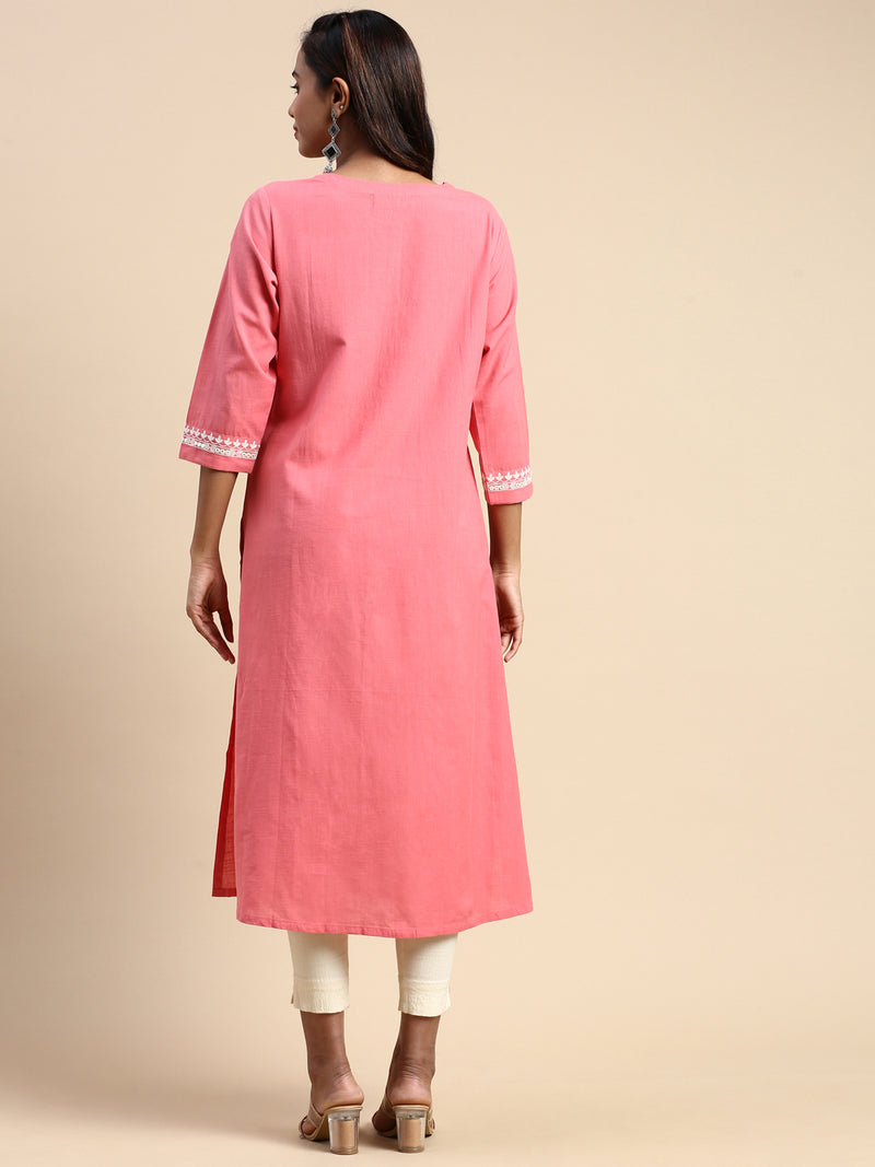 Women Cotton Embroidered Round Neck Straight Cut Pink Kurti EK27