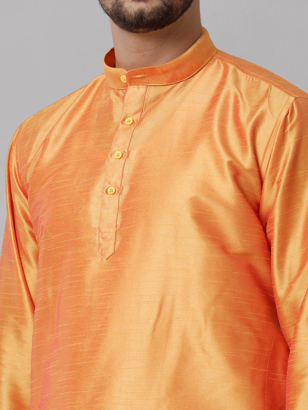 Mens Polyster Orange Medium Length Kurta with Art Silk Jari Dhoti Combo SL03-Zoom view