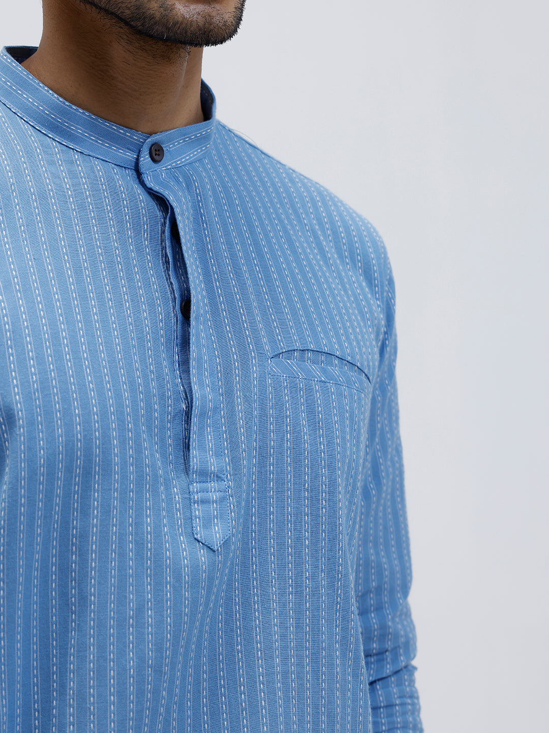 Men Cotton Short Length Striped Pocket Kurta Bright Blue RK59
